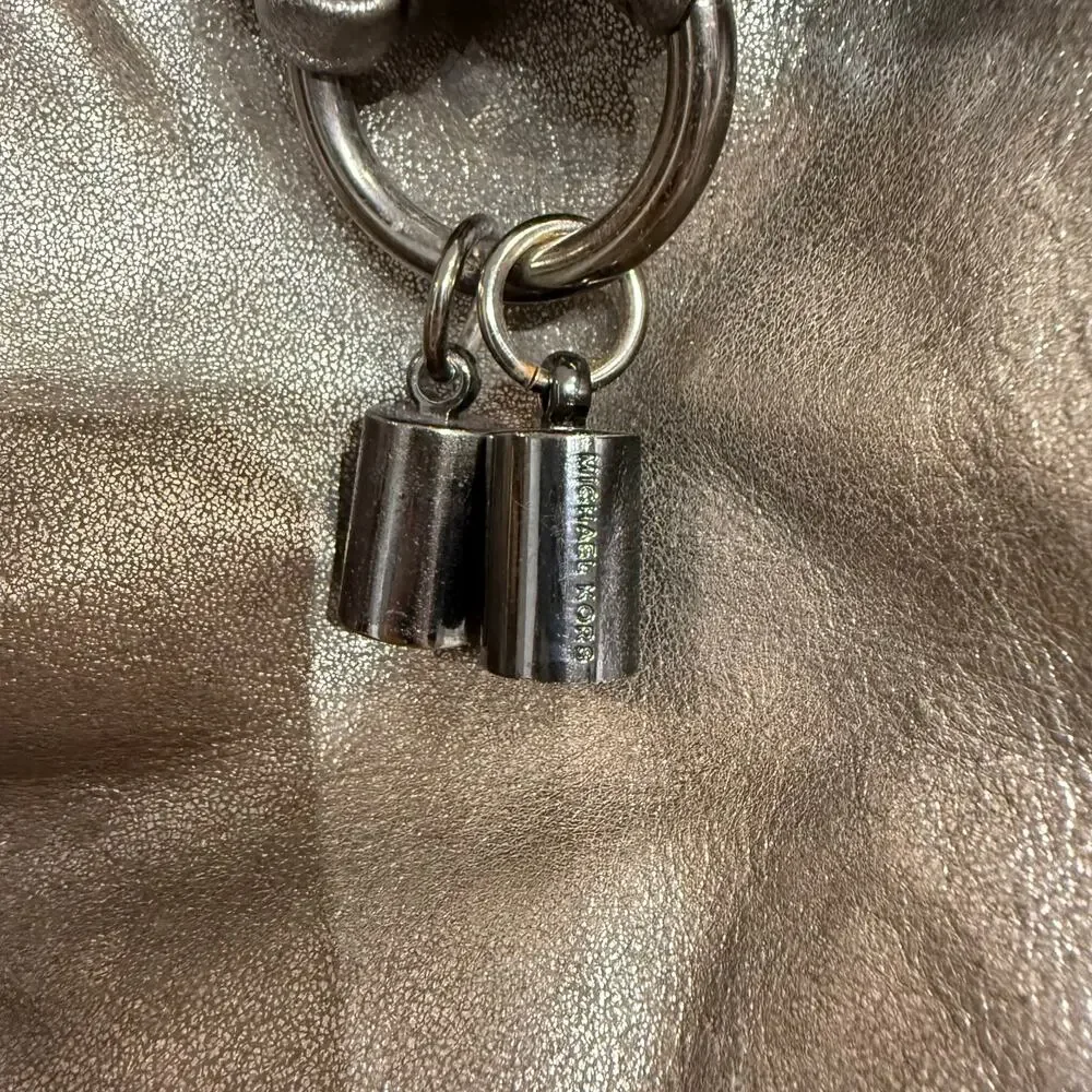 Michael Kors Metallic Silver Leather Drawstring Hobo Shoulder Bag Large